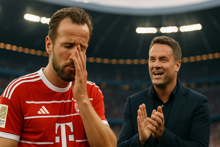 Harry Kane pakai seragam Bayern Munich dengan ekspresi menyesal, latar belakang Michael Owen memberikan pujian