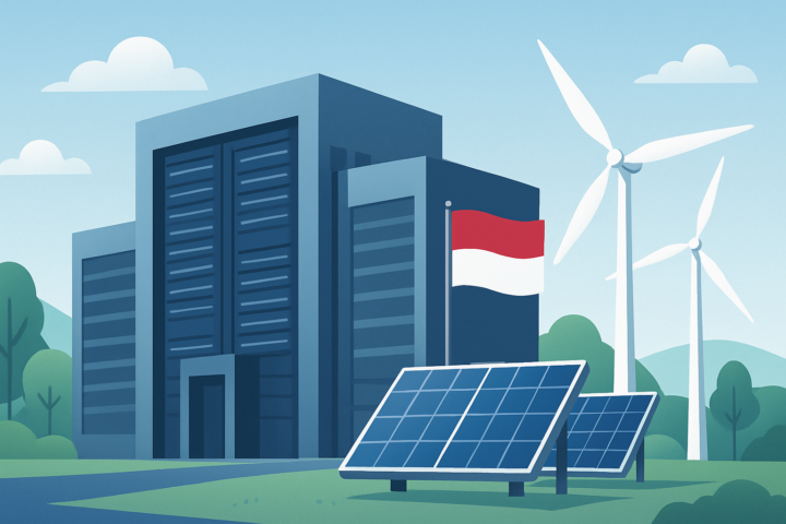 Ilustrasi pusat data modern dengan energi terbarukan, menggambarkan akuisisi ISP Global Capital pada Fort Technology.