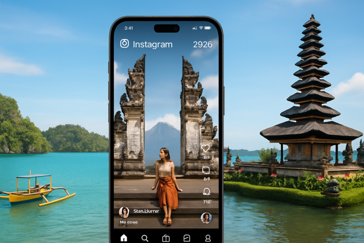 Tampilan fitur baru Instagram 2026 dengan durasi Reels panjang dan DM yang lebih mudah, di latar belakang destinasi wisata Indonesia