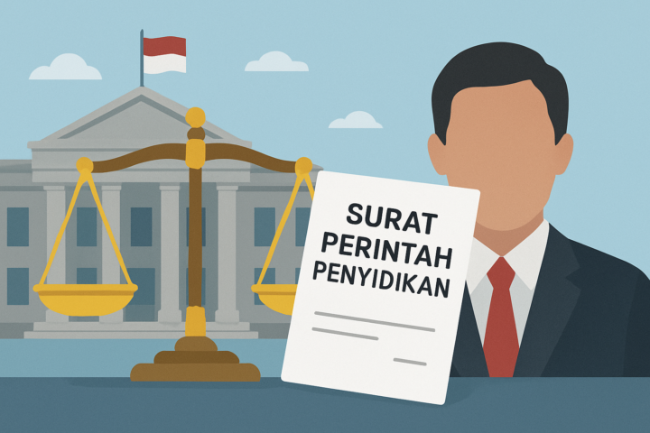 Ilustrasi skala keadilan dan dokumen Surat Perintah Penyidikan terkait kasus Febrie Adriansyah
