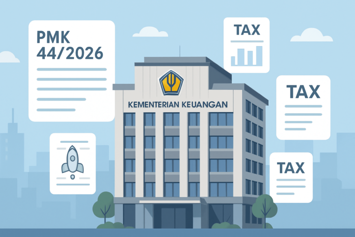 Gedung Kementerian Keuangan Indonesia dengan dokumen pajak digital menggambarkan PMK 44/2026 mendukung startup