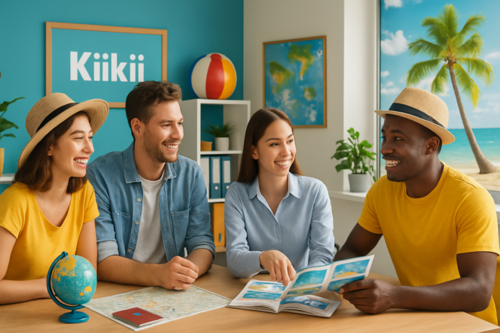 KiiiKiii travel agency comeback concept with happy travelers and summer vacation theme