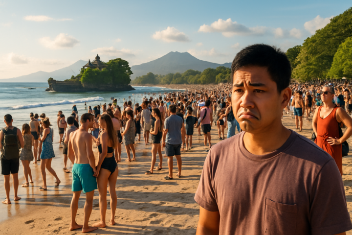 Pantai Bali dengan wisatawan mancanegara dan turis lokal yang diusir