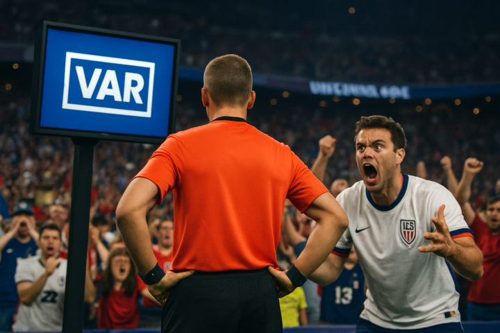 Wasit sepak bola dengan layar VAR dan penggemar kecewa di Piala Dunia 2026