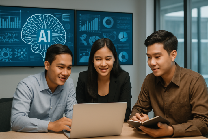 Profesional Indonesia bekerja sama dengan teknologi AI di kantor modern