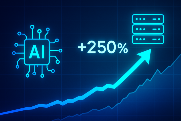 Grafik kenaikan saham Marvell Technology 250% dengan ikon kecerdasan buatan dan pusat data