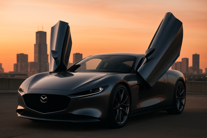 Mobil sport Mazda terbaru dengan pintu kupu-kupu terbuka di latar kota saat matahari terbenam