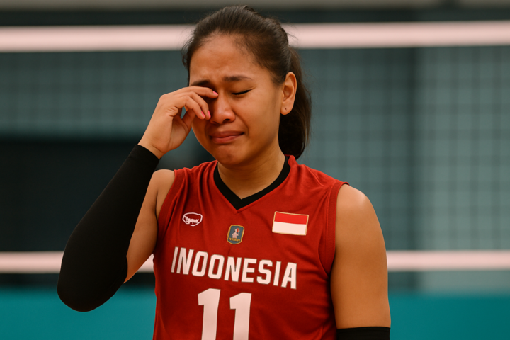 Megawati Hangestri mengenakan seragam timnas voli putri Indonesia saat mengumumkan pengunduran diri