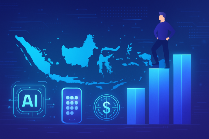 Visual pertumbuhan startups teknologi Indonesia 2026 dengan simbol AI, fintech, dan peta digital