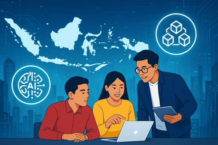 Ilustrasi ekosistem startup Indonesia tahun 2026 dengan teknologi digital modern dan para pengusaha muda