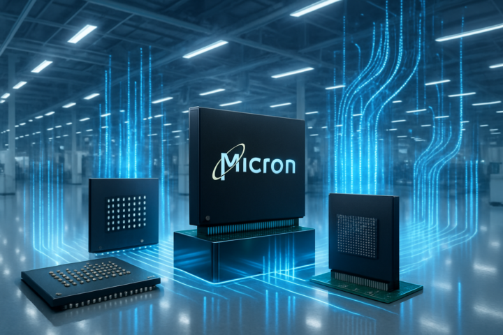 Pabrik manufaktur semikonduktor canggih milik Micron Technology dengan ilustrasi chip memori dan data digital.