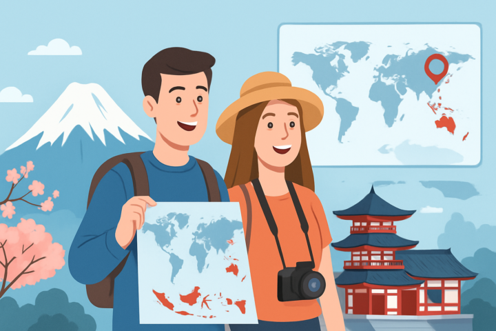 Wisatawan internasional menikmati pemandangan di Jepang dengan ikon gunung Fuji dan peta Indonesia-Jepang.