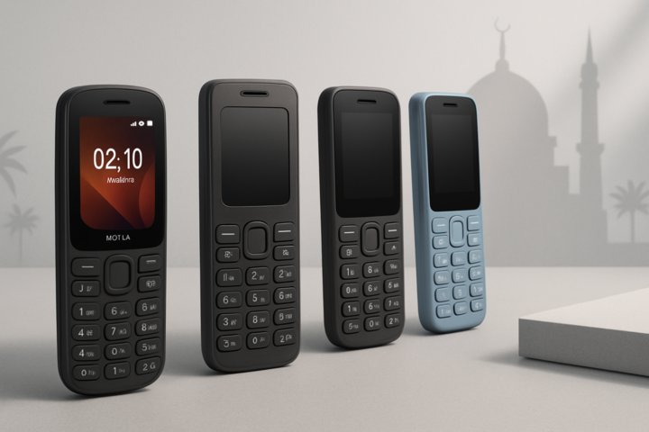 Tampilan depan Nokia 210 4G dan tiga ponsel fitur dengan tombol AI khusus