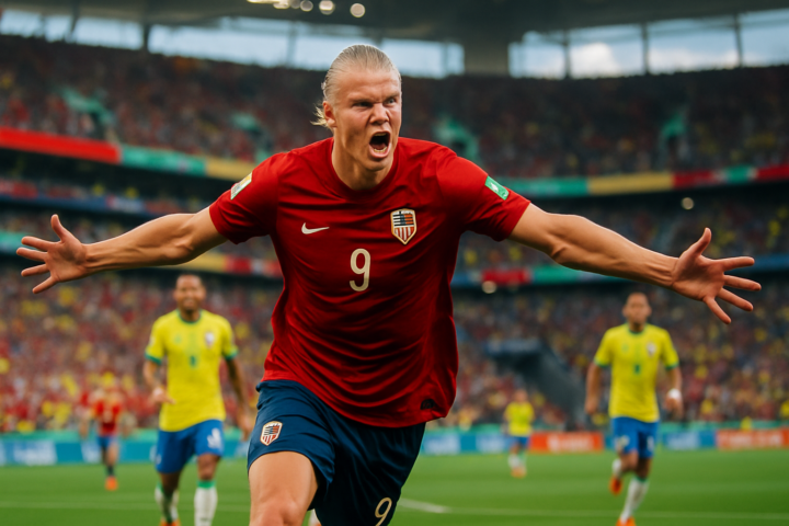 Erling Haaland merayakan gol ke gawang Brasil di Piala Dunia 2026