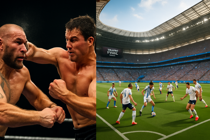 Bare Knuckle Boxing match and FIFA World Cup 2026 final soccer stadium with Argentina vs England teams