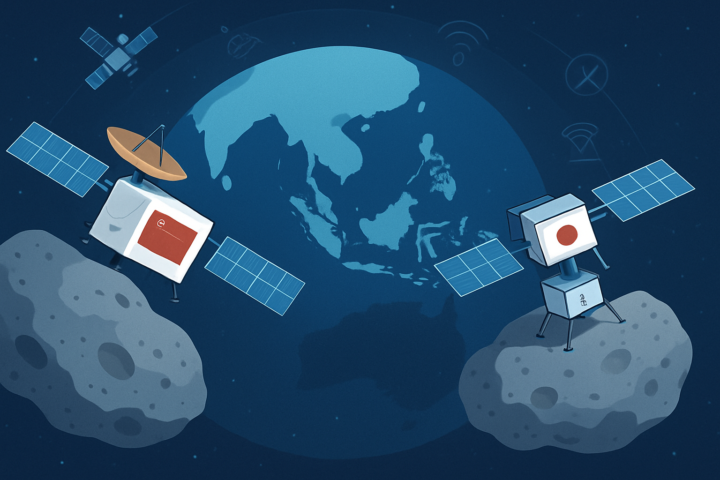 Ilustrasi wahana antariksa China dan Jepang menjelajahi asteroid dengan simbol teknologi antariksa Indonesia