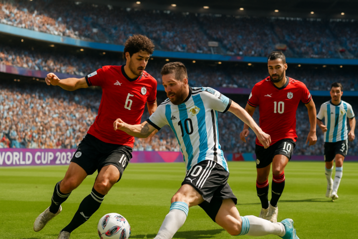 Pertandingan sepak bola Piala Dunia 2026 antara tim Argentina dan Mesir di stadion penuh penonton