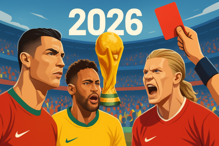 Ilustrasi Piala Dunia 2026 menampilkan Ronaldo, Neymar, Haaland, kartu merah, dan stadion sepak bola yang ramai