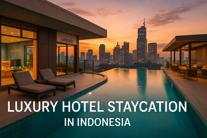 Hotel mewah dengan infinity pool, kids club, dan sky lounge di Indonesia saat matahari terbenam