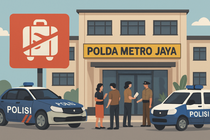 Gedung Polda Metro Jaya dengan kendaraan resmi dan aktivitas penanganan kasus penipuan Hanania Travel