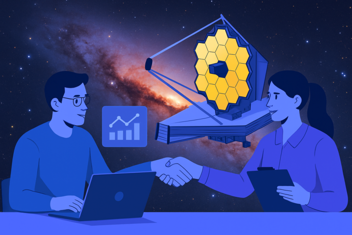 Ilustrasi kolaborasi startup dengan teknologi teleskop James Webb dan latar galaksi Centaurus A