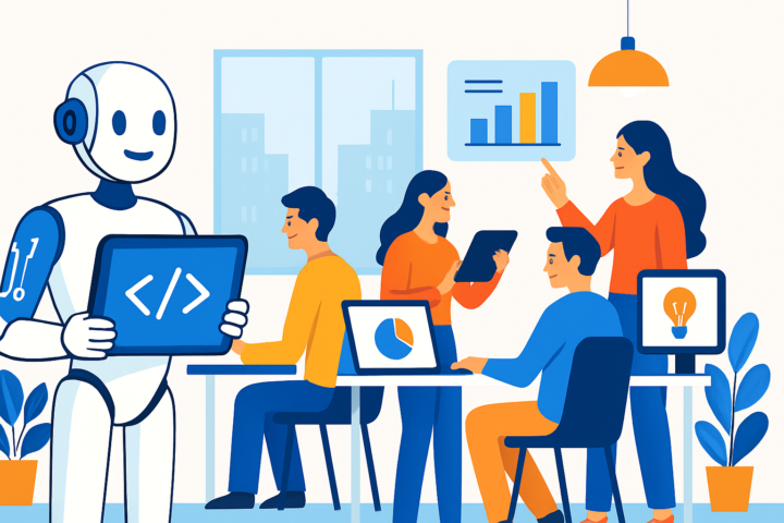 Ilustrasi AI memimpin transformasi digital dan pembaruan keterampilan karyawan di lingkungan kerja modern