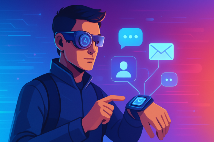 Ilustrasi manusia menggunakan perangkat wearable AR sebagai kamera berjalan di masa depan teknologi 6G