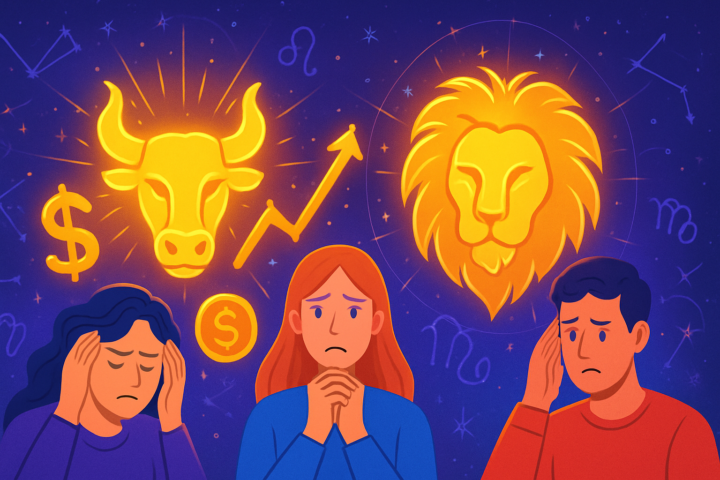 Ilustrasi Zodiak Taurus dan Leo dengan simbol keuangan yang bersinar dan tiga zodiak lainnya mengendalikan emosi