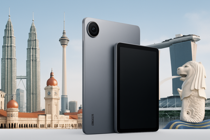 Redmi K Pad atau Xiaomi Pad Mini dengan latar belakang landmark Malaysia dan Singapura