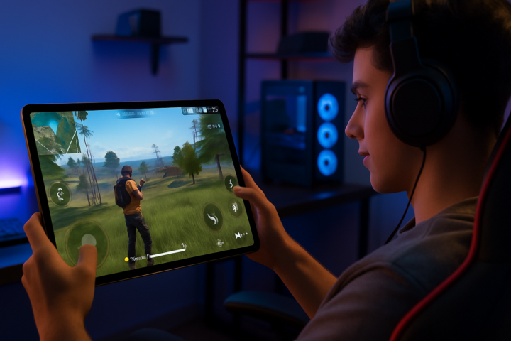 Tablet harga 4 jutaan menampilkan game Free Fire di layar dengan visual tajam dan warna cerah