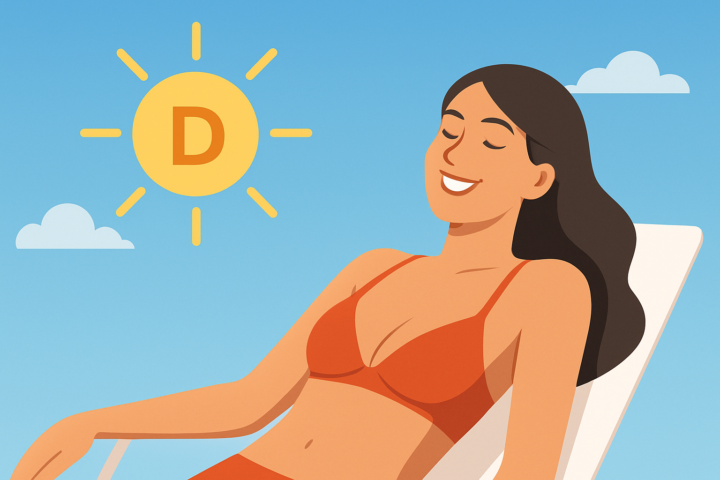 Orang berjemur di bawah sinar matahari dengan simbol vitamin D di latar belakang langit cerah