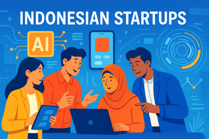Ilustrasi startups Indonesia dengan simbol teknologi digital dan kecerdasan buatan