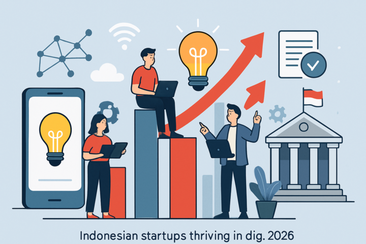 Ilustrasi startup Indonesia berkembang dengan teknologi dan inovasi di era digital 2026