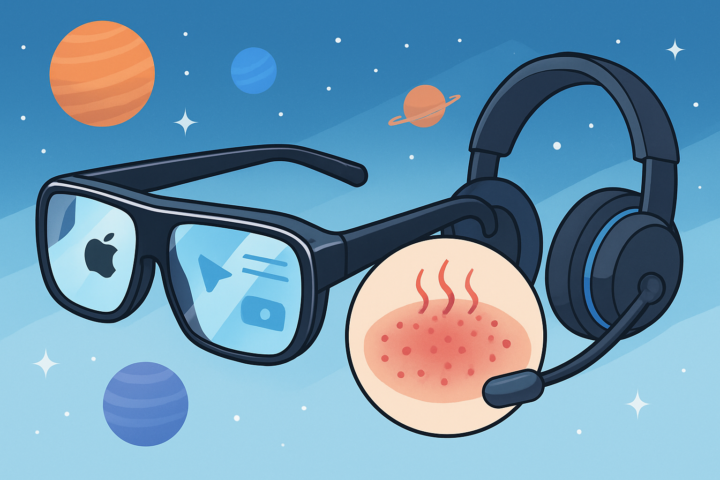Gambar kacamata pintar Apple, kulit merah gatal sebagai tanda radang kulit, headset gaming, dan ilustrasi planet luar tata surya