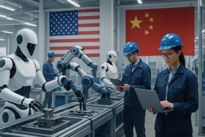 Ilustrasi pabrik robotik modern dengan robot canggih dan insinyur bekerja, mencerminkan industri teknologi global