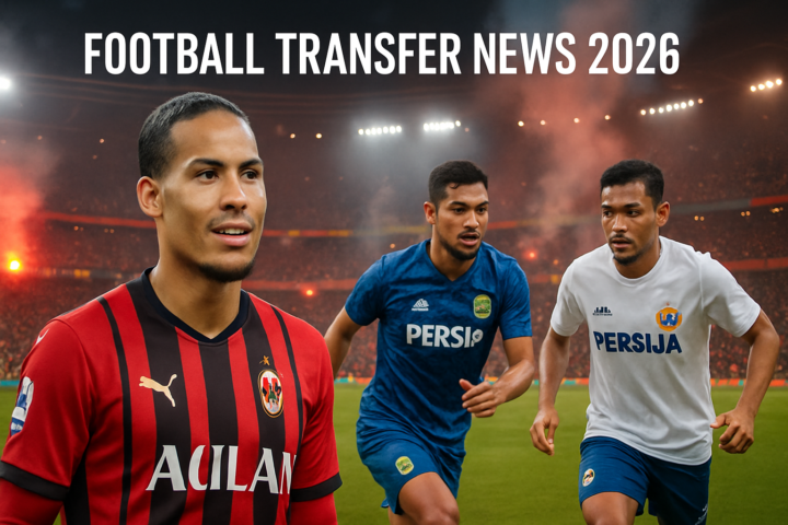 Virgil van Dijk mengenakan jersey AC Milan dengan latar belakang pemain Persib dan Persija sedang berlatih