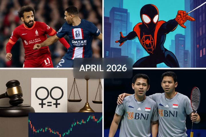 Kolase berita utama April 2026: Liverpool vs PSG, kasus pernikahan sesama jenis, IHSG, film Spider-Man, dan ranking BWF ganda putra Indonesia.