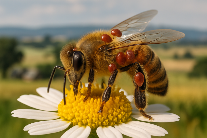 Lebah madu dengan tungau Varroa pada bunga menunjukkan ancaman wabah tungau di Australia tahun 2026