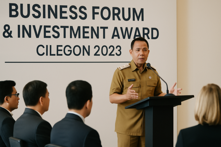 Wali Kota Helldy Agustian memberikan sambutan pada Business Forum dan Investment Award Cilegon 2023