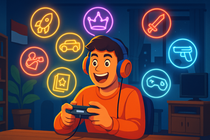 Gamer Indonesia bermain game konsol dengan ikon 7 game premium bersinar sebagai latar belakang