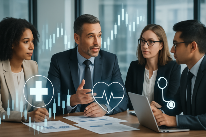 Tim keuangan korporat membahas strategi investasi sektor kesehatan dengan grafik dan ikon kesehatan digital