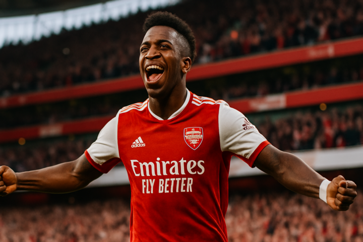 Vinicius Junior mengenakan jersey Arsenal merayakan gol di stadion penuh penonton