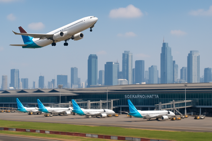 Bandara Soekarno-Hatta sedang sibuk dengan pesawat dan penumpang di terminal utama
