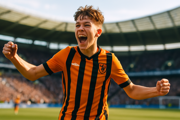 Lucas Herrington merayakan gol dalam jersey Hull City di stadion sepak bola