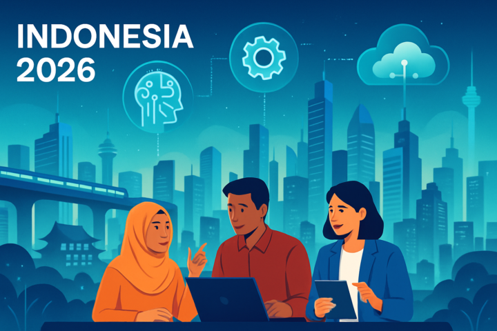 Visualisasi inovasi AI dan transformasi industri di Indonesia pada tahun 2026 dengan efek futuristik dan elemen teknologi digital