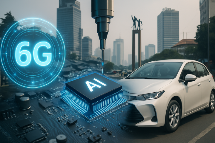 Ilustrasi inovasi teknologi dengan jaringan 6G, pabrik chip AI, dan kendaraan hybrid di Indonesia