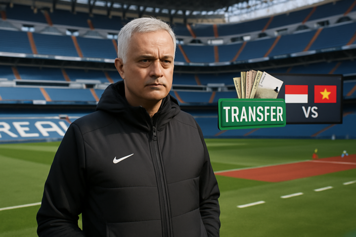 José Mourinho bersama latar belakang Real Madrid dan simbol transfer sepak bola serta persiapan timnas Indonesia