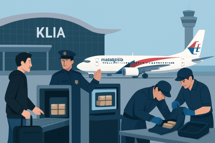 Ilustrasi Bandara KLIA dengan pesawat Malaysia Airlines dan pengawasan keamanan bandara terkait kasus selundupan narkoba