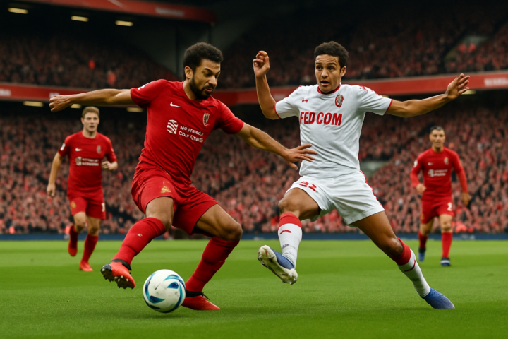 Pertandingan sepak bola Liverpool vs AS Monaco di Stadion Anfield dengan aksi pemain dan penonton di latar belakang