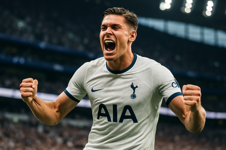 Micky van de Ven mengenakan jersey Tottenham Hotspur di stadion sepak bola